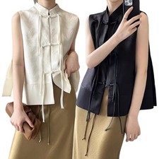 Chinese Button Vest Jacket Jacquard Stand Collar Sleeveless Women Tops Retro