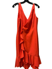 Vince Camuto Ruffle Midi Dress Women 12 Orange Stretch Asymmetrical Hem Back Zip