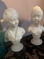Pair of Boy Girl Bust Ceramic Heavy Parian Figurines Excellent Condition