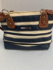 Stone Mountain Navy Leather and Ivory Canvas Striped Bag Shoulder