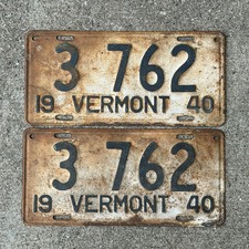 1940 Vermont License Plate Pair Vintage Auto Tag Low Number Four Digit 3 762