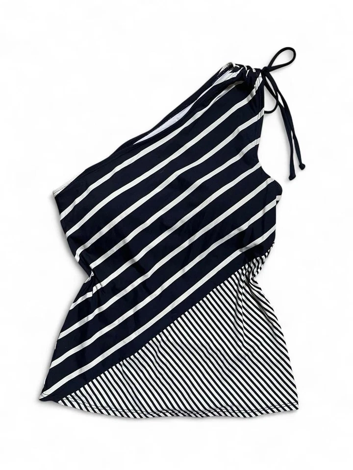 Top asimétrico a rayas negras y crema de un hombro DKNY | Y2K Resortwear Foto 2 de 4