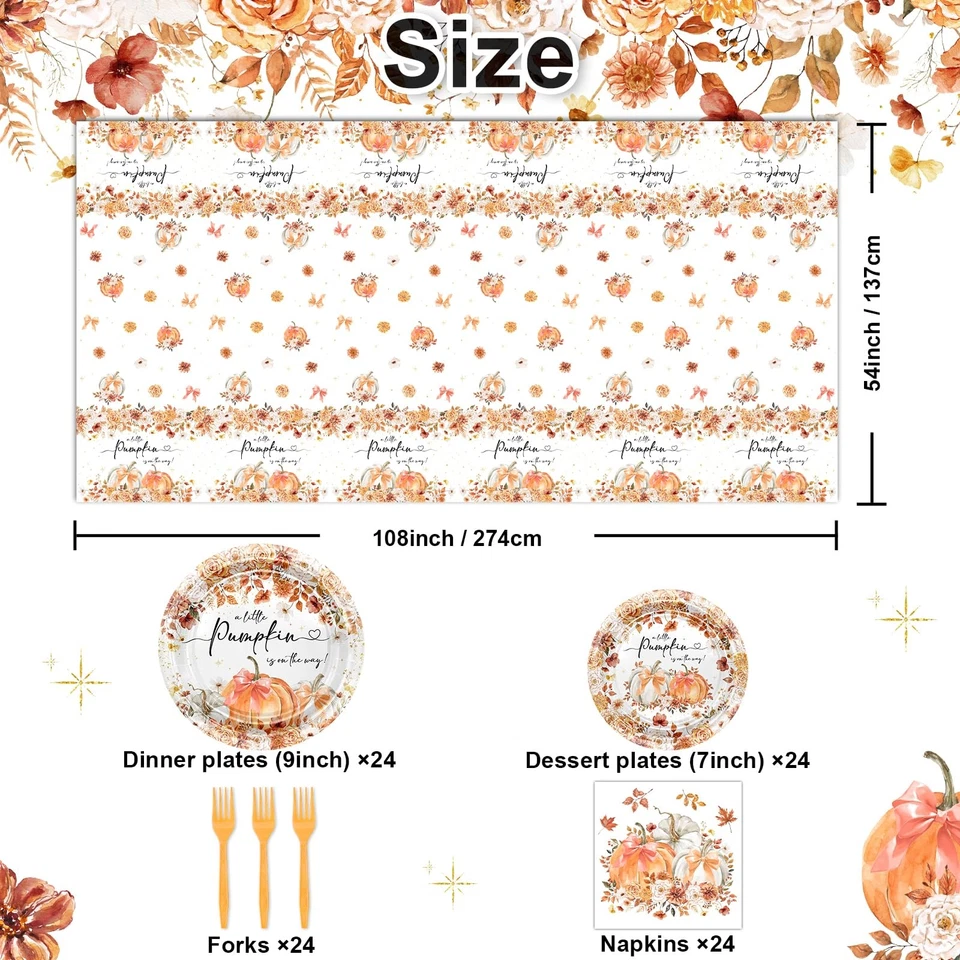 Calabaza Baby Shower Decoraciones Platos de Otoño, Servilletas, Mantel para 24 Foto 2 de 4