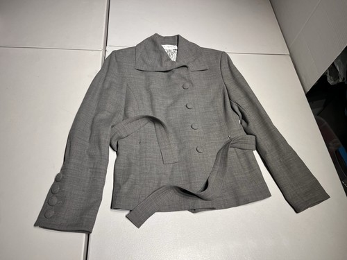 St. John Blazer Women’s 8 Gray Belted Button Jacket Suit Coat Cotton Silk