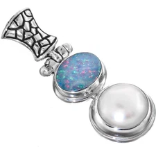 Genuine Opal Freshwater Pearl Sterling Silver Pendant, 1 5/16"