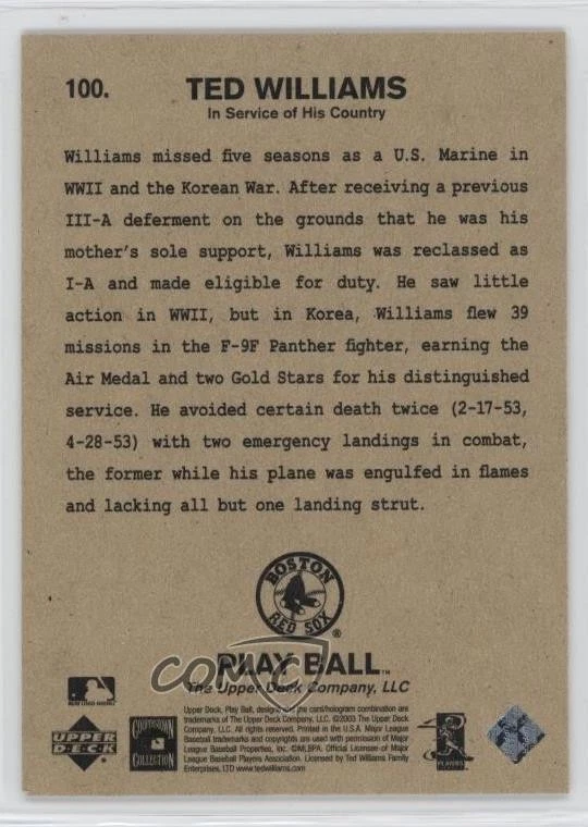 2003 Upper Deck Play Ball Ted Williams Tribute Ted Williams #100 HOF - Image 2 of 2