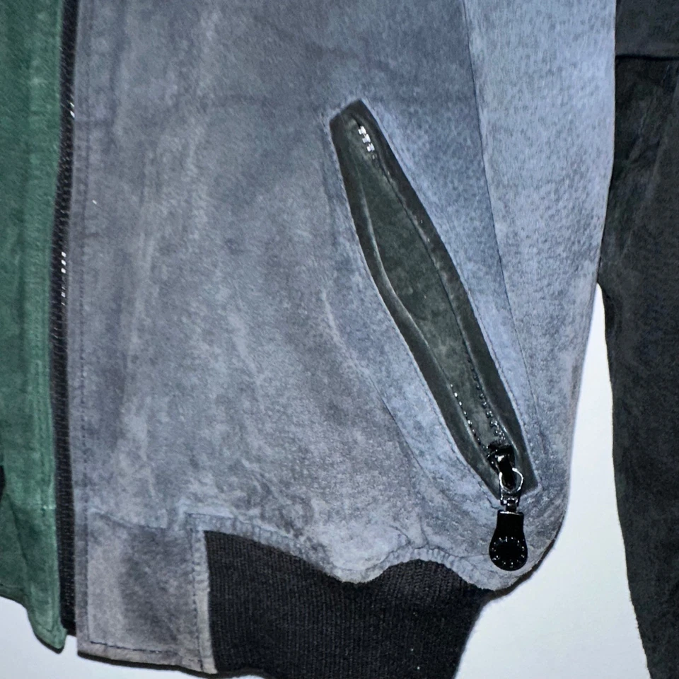 Chaqueta Bomber Vintage Colorblock Cuero Genuino Para Hombre Talla S Verde Gris Negra Foto 2 de 4