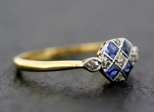 Art Deco Lab-Created Diamond & Sapphire Engagement Ring 14K Yellow Gold FN - Picture 2 of 10