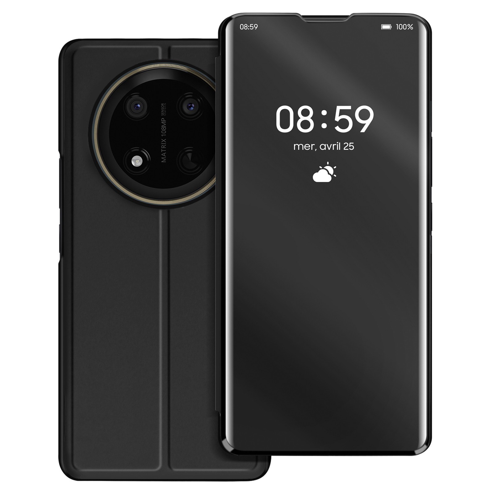 Protection Honor Magic 7 Lite anti-choc avec clapet effet miroir noir fonction support