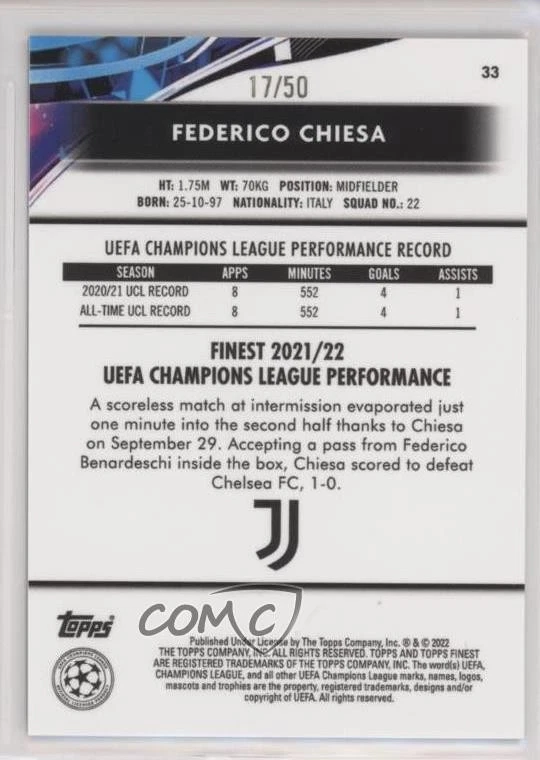 2021-22 Topps Finest UCL Gold Speckle Refractor /50 Federico Chiesa #33 - Image 2 of 2