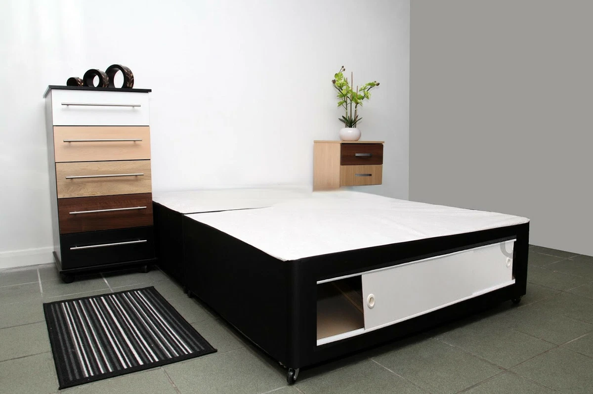 4ft6 Standard Double Black Divan Bed Base with Sliding Doors on