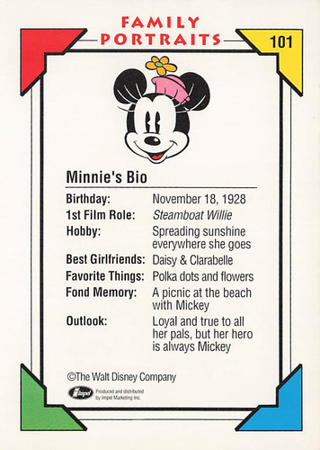 1991 Impel Disney carte da collezione ritratti di famiglia #101 mouse Minnie - Foto 2 di 2