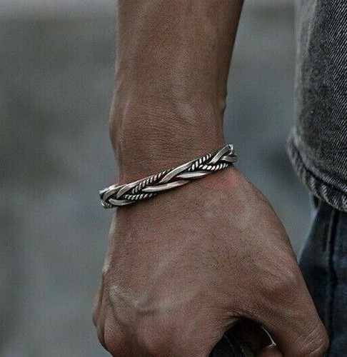 AU Men Fashion Silver Vintage Open Bangle Twisted Cuff Bracelets Gift NEW - Picture 2 of 7