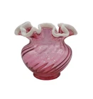 Fenton Cranberry Glass White Snow Crest Rose Bowl Vase Spiral Design 1950 '60's