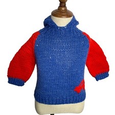 Vintage Handmade Knit Hooded Sweater 9-12 months Infant Blue Full Zip Back