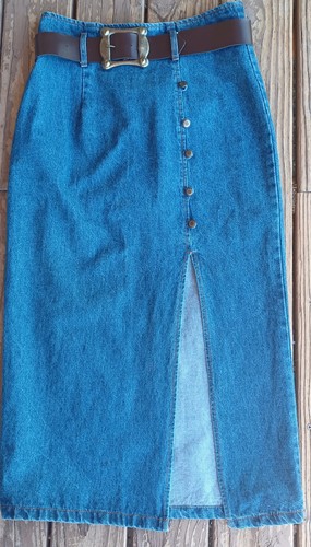 VTg Y2K 90s Maxi Straight Denim Skirt Front Slit 5 Brass Buttons Belt USA. XL