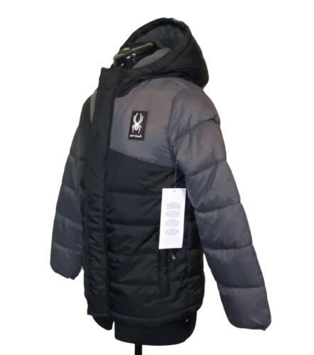 Chaqueta con Capucha Spyder Niños (8-16) Circuit Color Block Puffer Negra/Gris Nueva con Etiquetas $149 - Imagen 4 de 16
