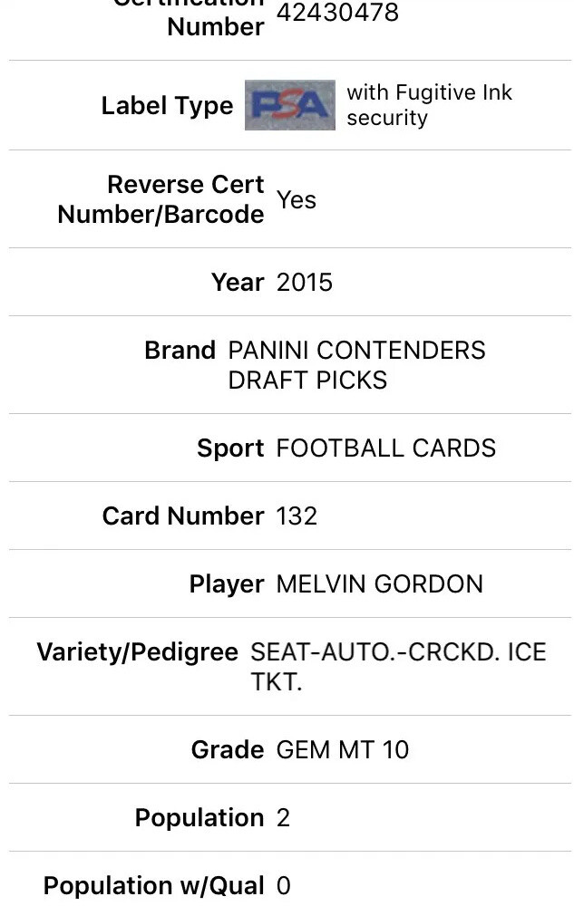 2015  Contenders Cracked Ice Melvin Gordon RC ROOKIE AUTO /23 PSA 10 GEM MT POP2 view 10