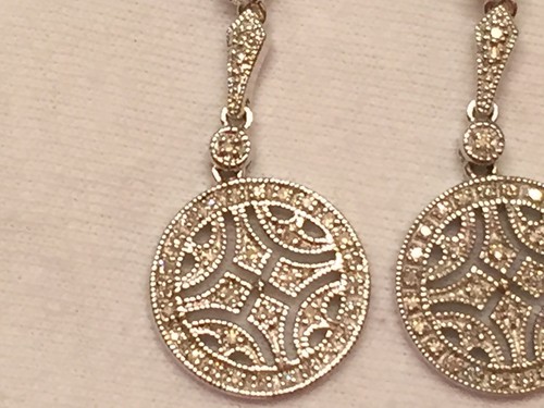Genuine Diamond Ornate Dangle Drop Earrings, Sterling Silver 925, Rhodium Plated - Picture 3 of 12