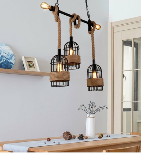 LAMPADARIO A SOSPENSIONE E27 IN METALLO E CORDA 5 PUNTI LUCE DESIGN INDUSTRIALE - Foto 7 di 9