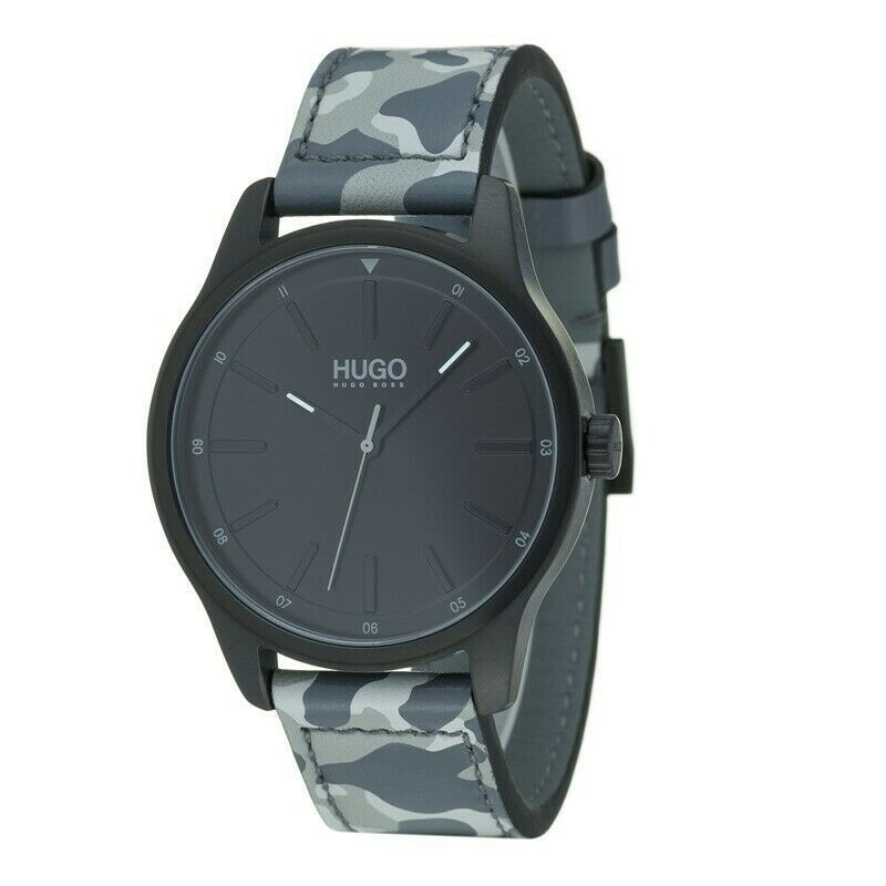 $175 HUGO BOSS Men's DARE Black 42mm Dial CAMO Leather Band Watch