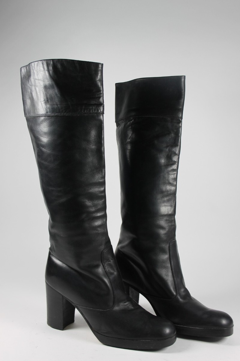 Women's Boots 70s Platform Shaft Leather Black Size 41 TRUE