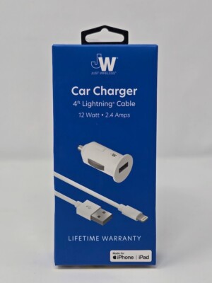 Just Wireless 12watt 2.4Amps Car Charger With 4ft Cable- White - Open Box