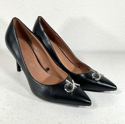CALVIN KLEIN HEELS CK GRETA PUMP HEELS BLACK WOMENS SIZE SILVER LOGO 