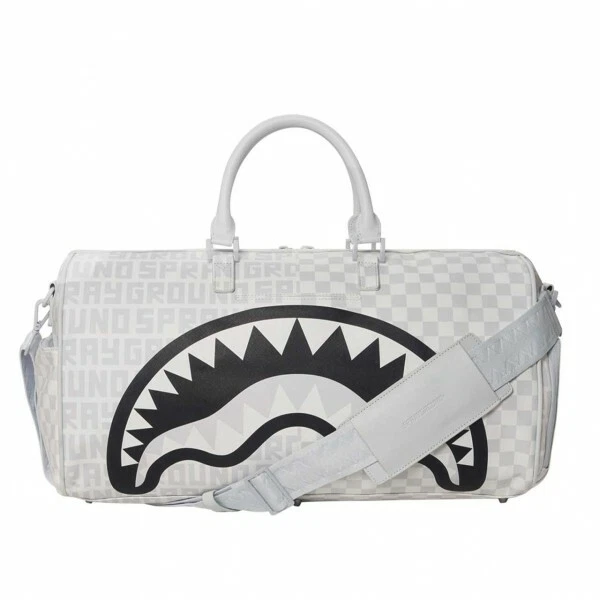 SPRAYGROUND SHARKS PARIS OFF WHITE PINK CHECKERED DUFFLE TRAVEL