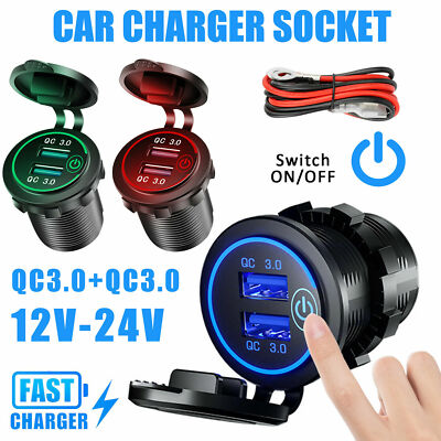 QC 3.0 Dual USB Car Fast Charger Socket Power Outlet LED Voltmeter Waterproof