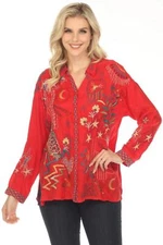Johnny Was Biya Red Julez Embroidered Button Front Blouse B12523