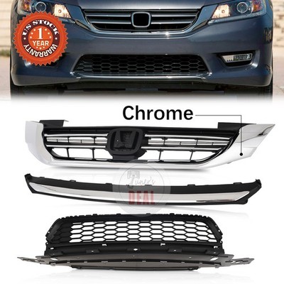 Fit 2013-2015 Honda Accord 3PCS Front Upper & Lower Grille + Chrome Molding Trim
