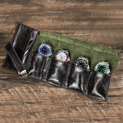 Genuine Leather 4 Slots Watch Roll Case Luxury Wrist Watches Storage Pouch Bag