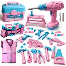 Kids Tool Set 55Pcs Box Toddler Kit for Girls Play child-size, Pink