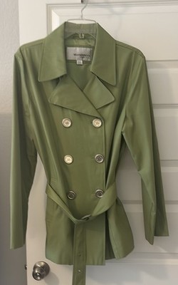 VTG Weatherproof chartreuse Trench Coat Notched Lapel SZ L double breasted belt