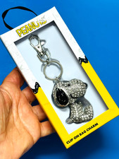 New Box Peanuts Snoopy Rhinestone Key Chain Clip on Bag Charm Black Enamel 5"