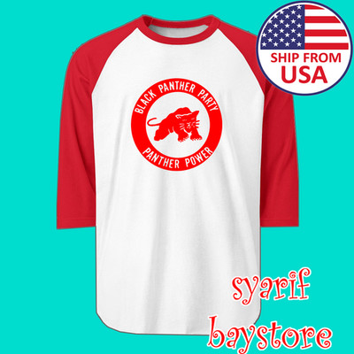 Black Panther Party Men's Raglan White Red Size S to 2XL
