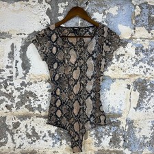 Express Bodysuit Brown Snakeskin Mesh Sheer Short Sleeve Excellent Small