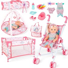 Baby Doll Stroller Crib Bed Play Mat Travel Bag Toy Accessories Set White