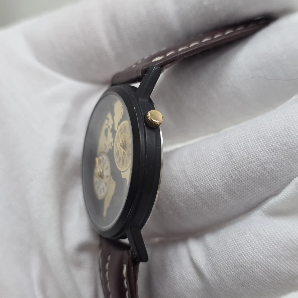 Винтажные кварцевые мужские часы GRUEN DUAL TIME 299-2035 циферблат карта мира НОВЫЙ АККУМУЛЯТОР - Изображение 2 из 4