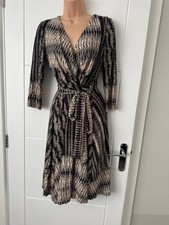 Monsoon Black Beige Wrap Dress Womens UK 10 Knee Length 3/4 Sleeve