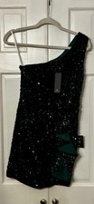 Lulus Dress Womens Size Sm. Green All Over Sequin One Shoulder Mini Ruffle Party