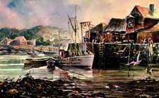 Postcard Seascape Watercolor, by James Murray boat dock