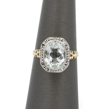 Vintage 14k Yellow Gold Aquamarine Solitaire Filigree Gallery Ring #JB624-2