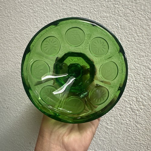 Fostoria Vetro Verde Smeraldo Moneta Punto 8 1/2" Matrimonio Ciotola Coperchio Barattolo Caramelle - Foto 4 di 7