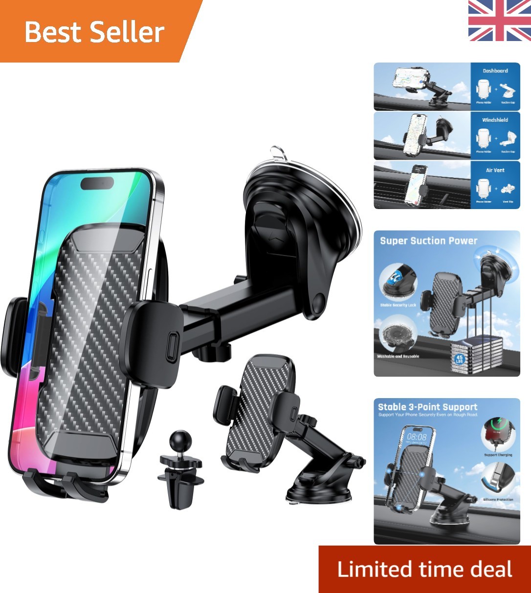 Ultra Powerful Car Phone Holder - 360° Rotation, Dual Mount for All Smartphones