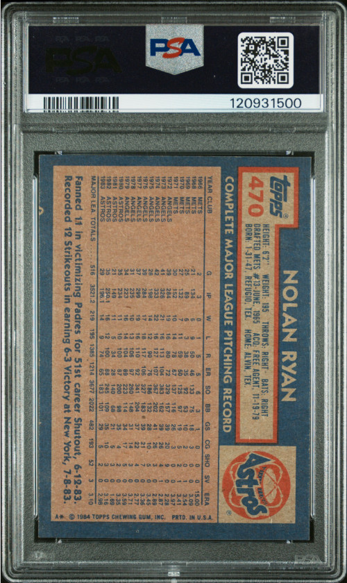 1984 Topps Nolan Ryan HOF Signed Baseball Card #470 Certified PSA 8 DNA Auto 10 view 4
