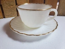 FIRE KING ANCHOR HOCKING Milk Glass Swirl Shell Gold Rim Teacup & Saucer Set USA