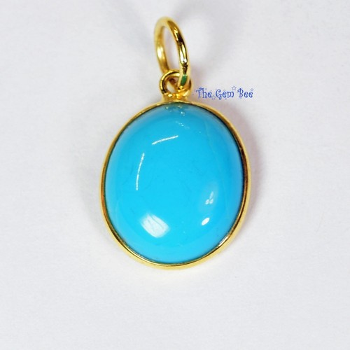 11mmx19.5mm 18k Yellow Gold Sleeping Beauty Turquoise Oval Bezel Pendant Charm