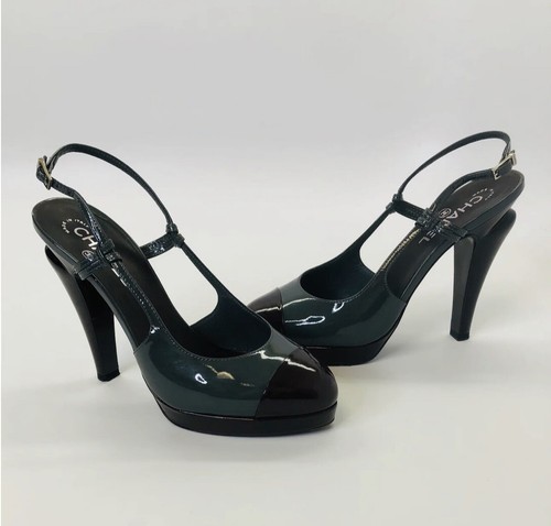 Chanel slingback Pumps Grey Patent leather sandal Women’s Shoes - Picture 2 of 6